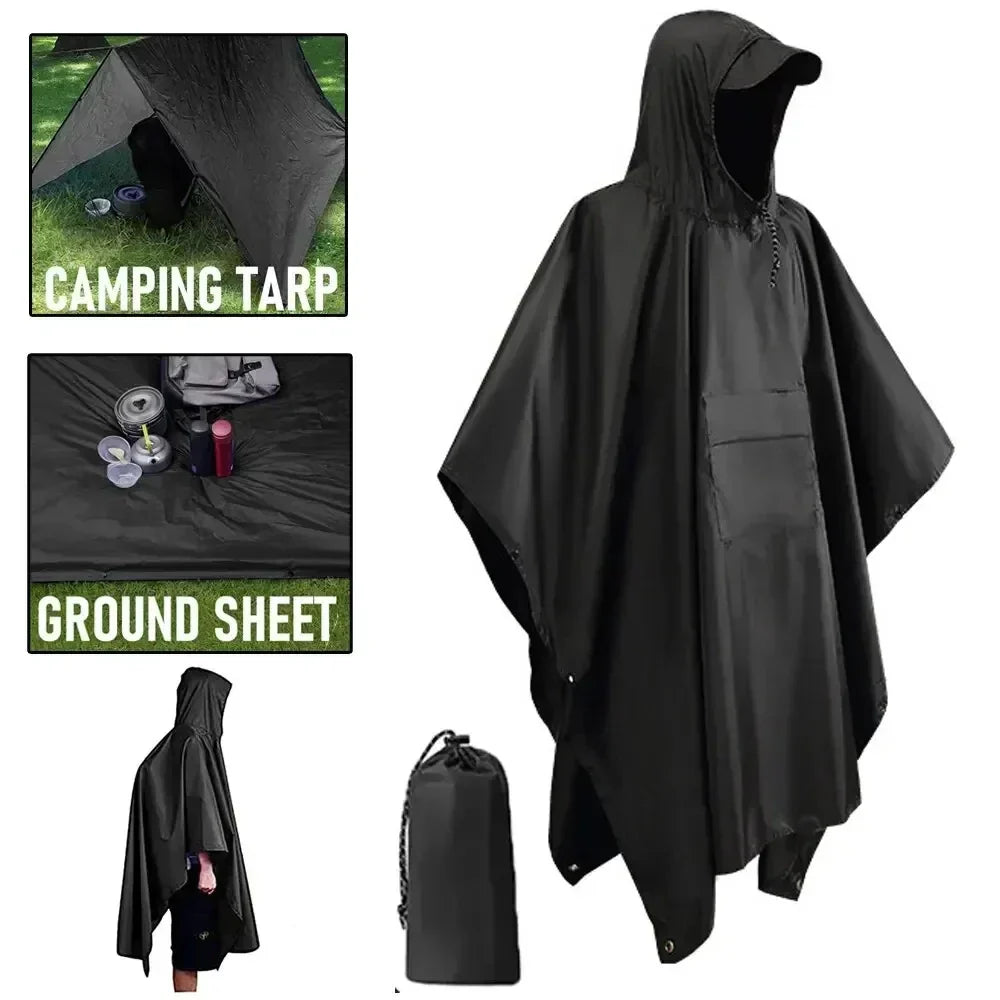 3 in 1 Outdoor Military Raincoat - With Hood Waterproof Rain Poncho with Sleeves, Motorcycle Rain Cover, Ideal for Camping, Hiking and Travel