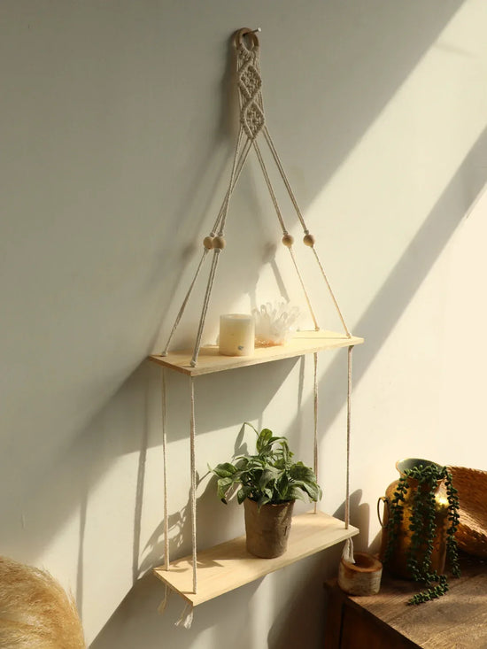 Macramé Wall Shelf - Wooden Shelf in Boho Style