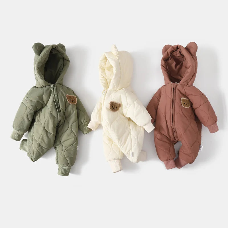 Hooded Winter Overall with Bear Motif for Babies – Warm & Fluffy