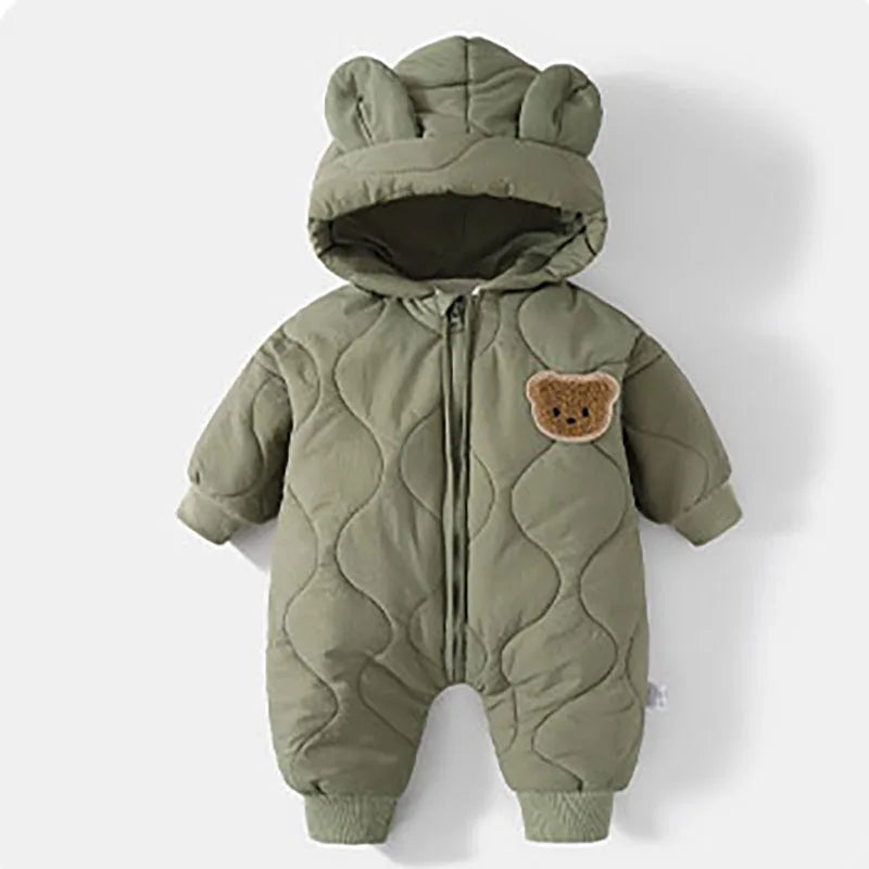 Hooded Winter Overall with Bear Motif for Babies – Warm & Fluffy