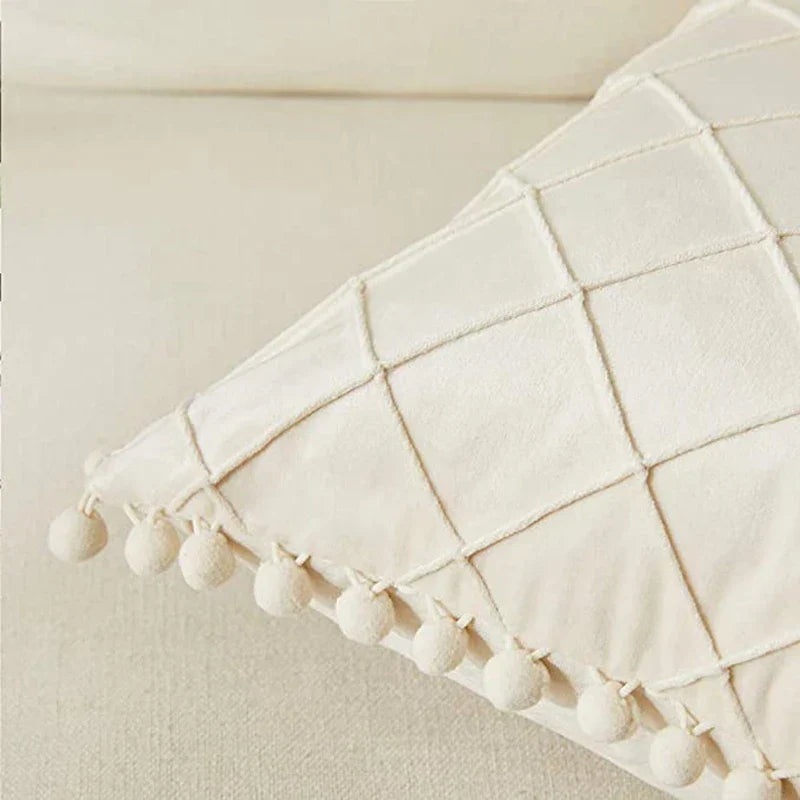 Inyahome Velvet Cushion Cover with Pompom in Solid Colour Decorative