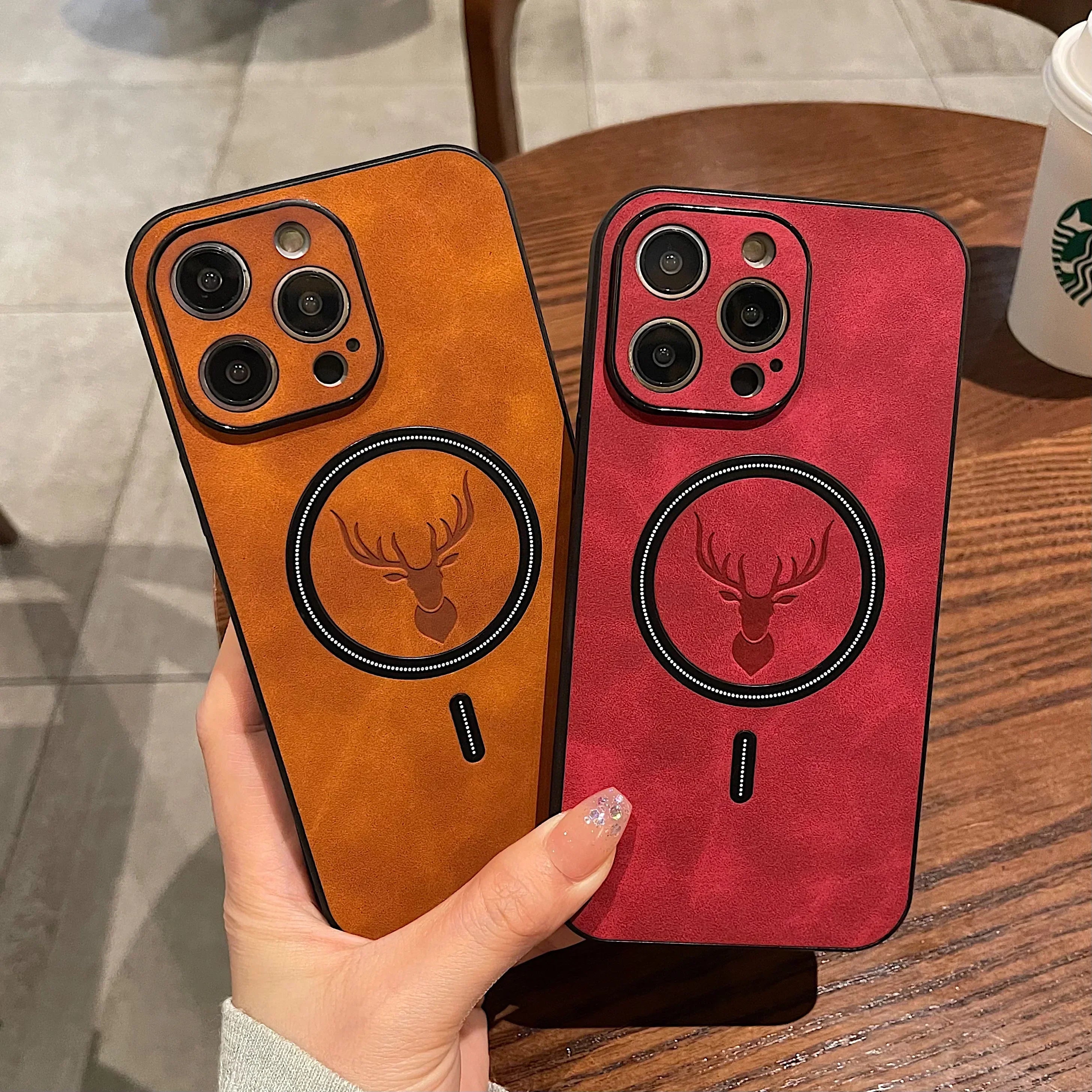 Luxury Deer Leather Apple iPhone Case | Magnetic Phone Cover, Wireless Case, MagSafe, Wireless Charging, Protective Case, Cover for iPhone 15, 14, 13 Pro Max Plus