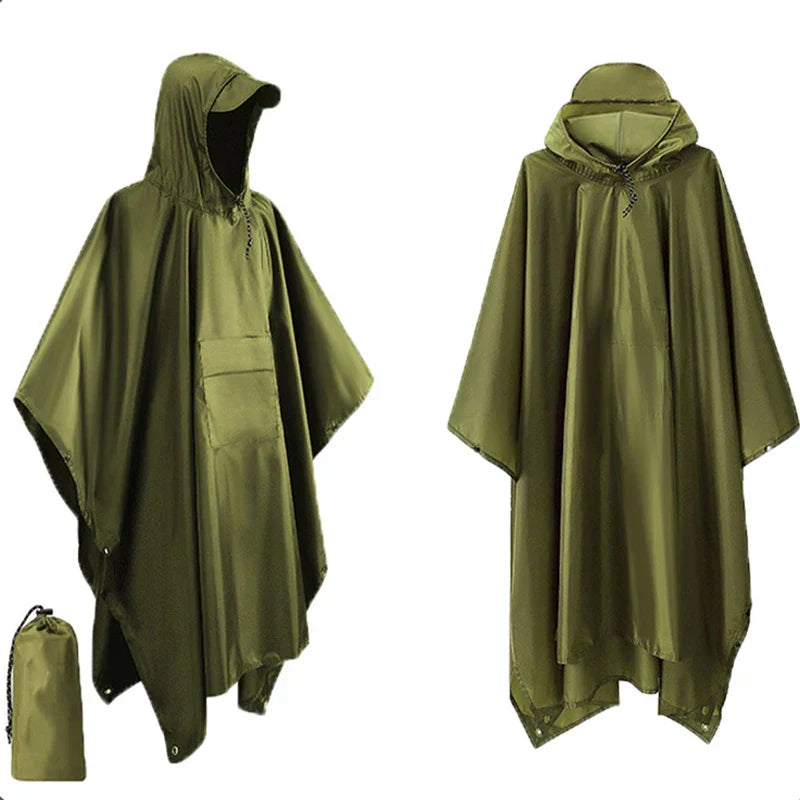 3 in 1 Outdoor Military Raincoat - With Hood Waterproof Rain Poncho with Sleeves, Motorcycle Rain Cover, Ideal for Camping, Hiking and Travel
