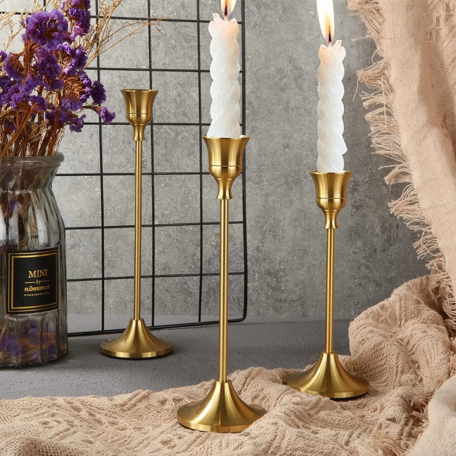 Set of 3 Vintage Elegant Metal and Aluminium Tabletop Candle Holders