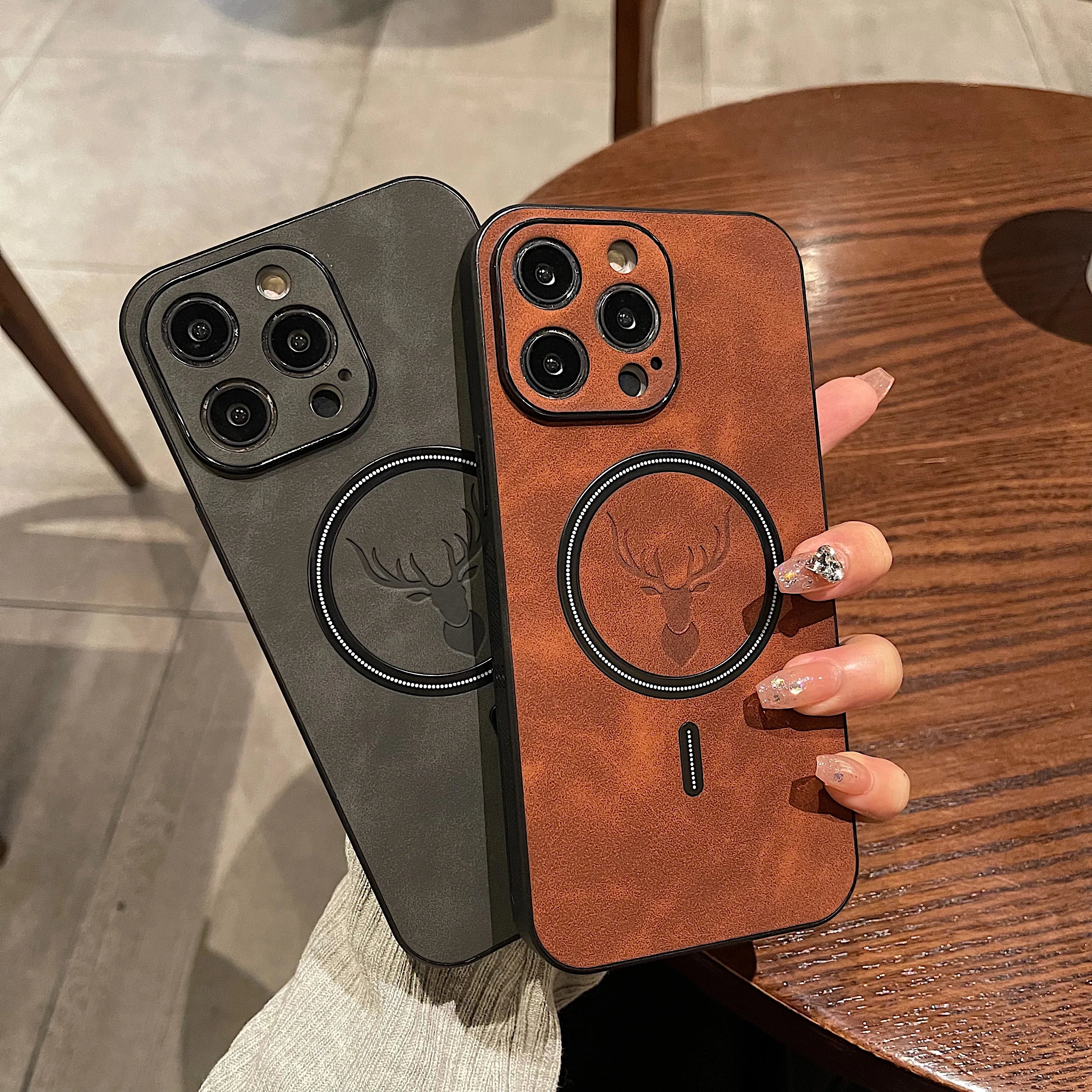 Luxury Deer Leather Apple iPhone Case | Magnetic Phone Cover, Wireless Case, MagSafe, Wireless Charging, Protective Case, Cover for iPhone 15, 14, 13 Pro Max Plus