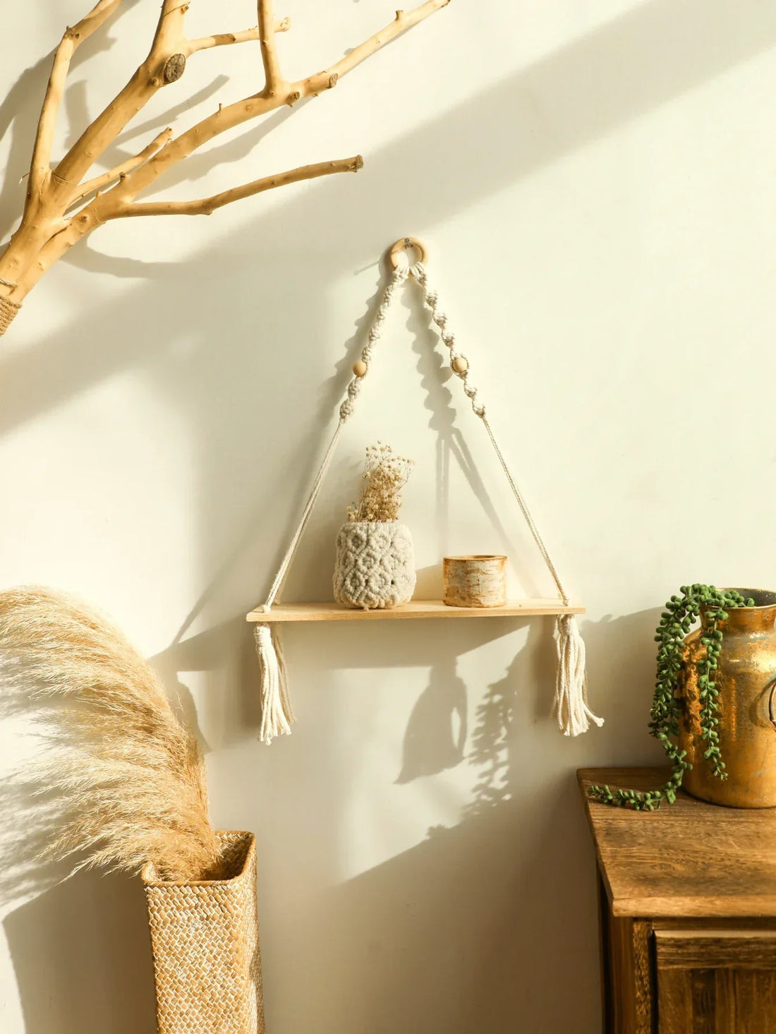 Macramé Wall Shelf - Wooden Shelf in Boho Style