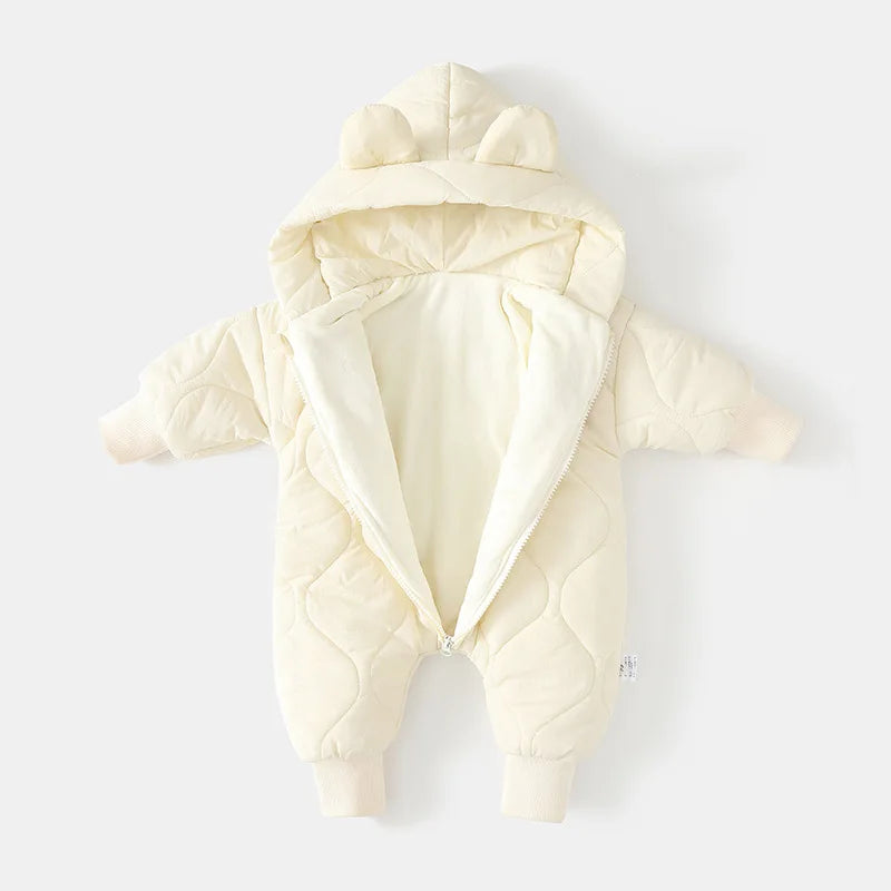 Hooded Winter Overall with Bear Motif for Babies – Warm & Fluffy