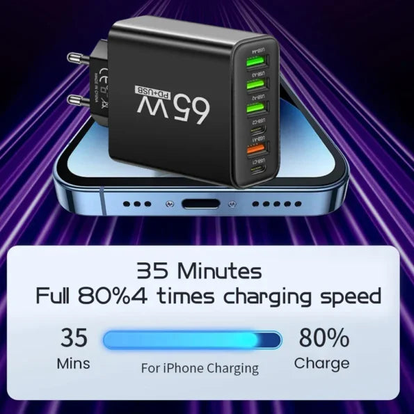 PowerMax 65W 6-in-1 Fast Charger – Charge Up to 6 Devices Simultaneously – Ideal for Home, Office and Travel