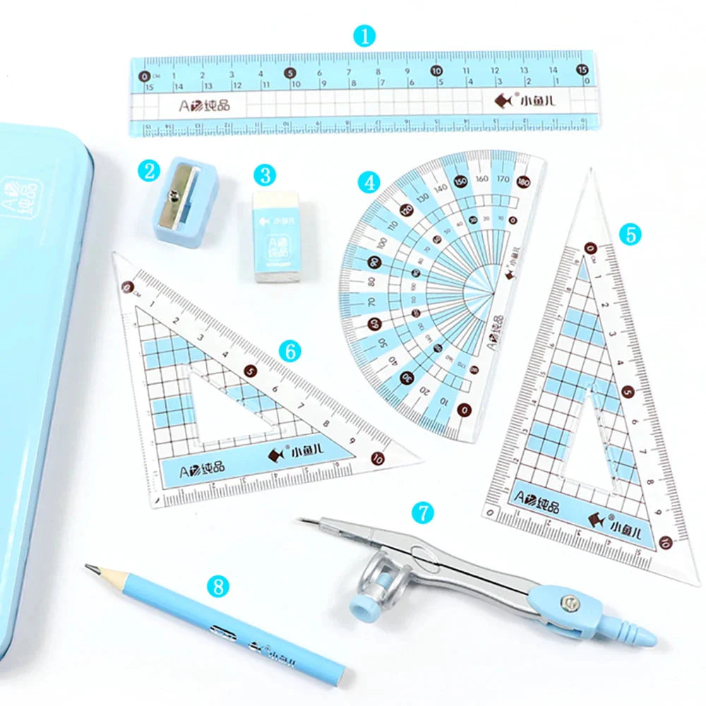 8-piece geometric ruler and pencil set | Drawing set | School set for mathematics and geometry students