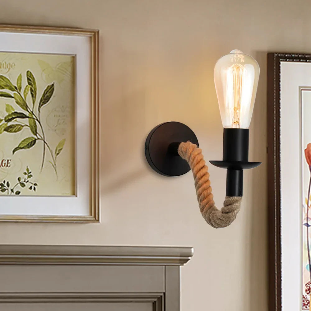 NoctiCord Retro Wall Lamp | Stylish E27 bedside and loft lighting with rope and wood