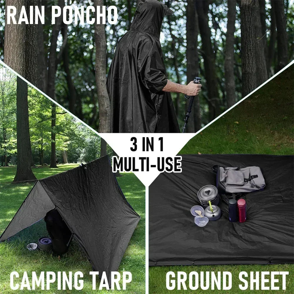 3 in 1 Outdoor Military Raincoat - With Hood Waterproof Rain Poncho with Sleeves, Motorcycle Rain Cover, Ideal for Camping, Hiking and Travel
