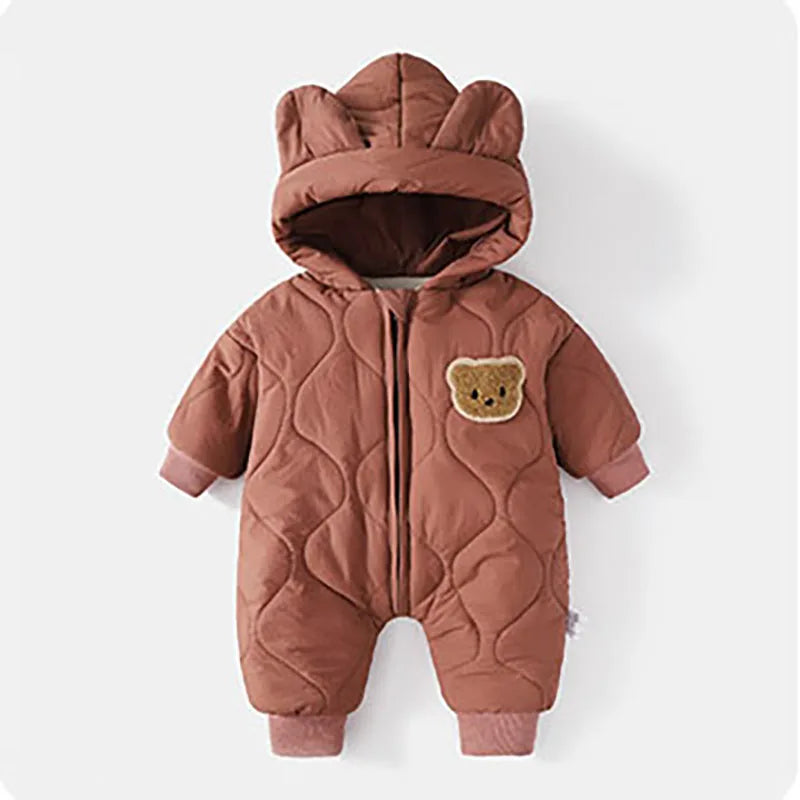 Hooded Winter Overall with Bear Motif for Babies – Warm & Fluffy