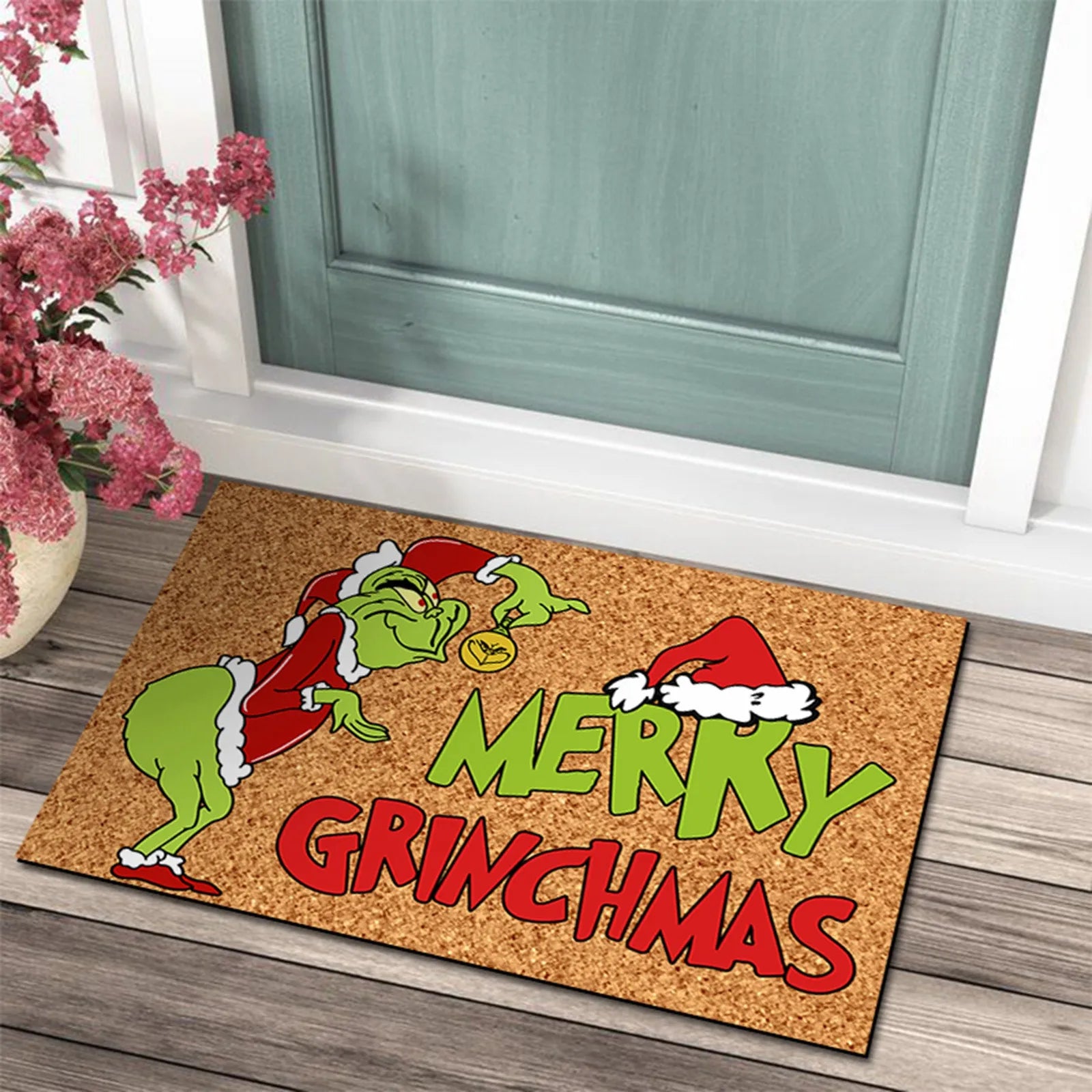 Christmas Door Mat with Grinch Design - Cheerful Welcome for the Holidays