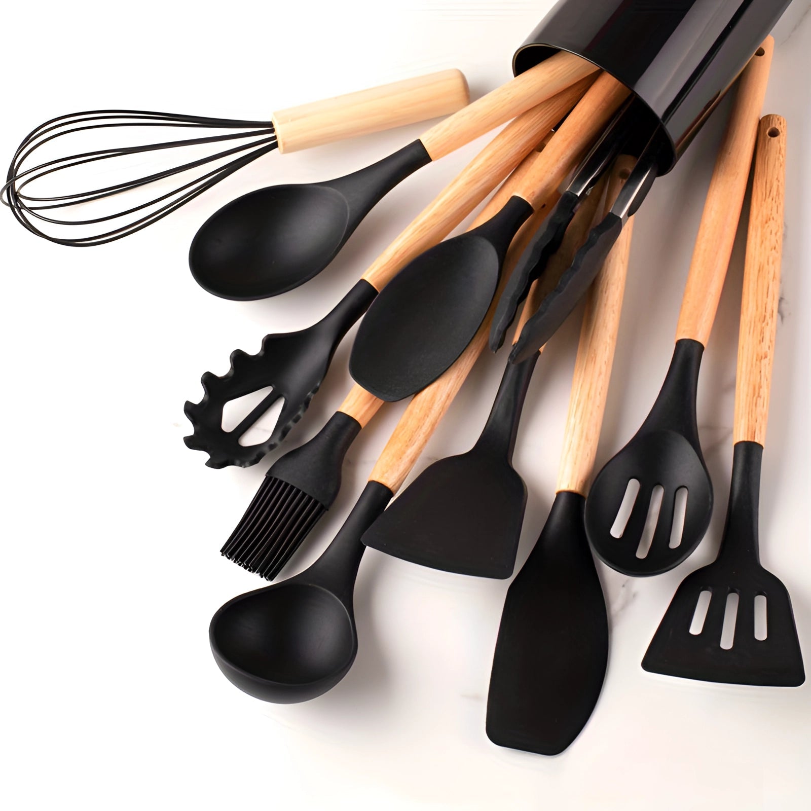 Eco-friendly Silicone Kitchen Utensil Set with Bamboo Handles