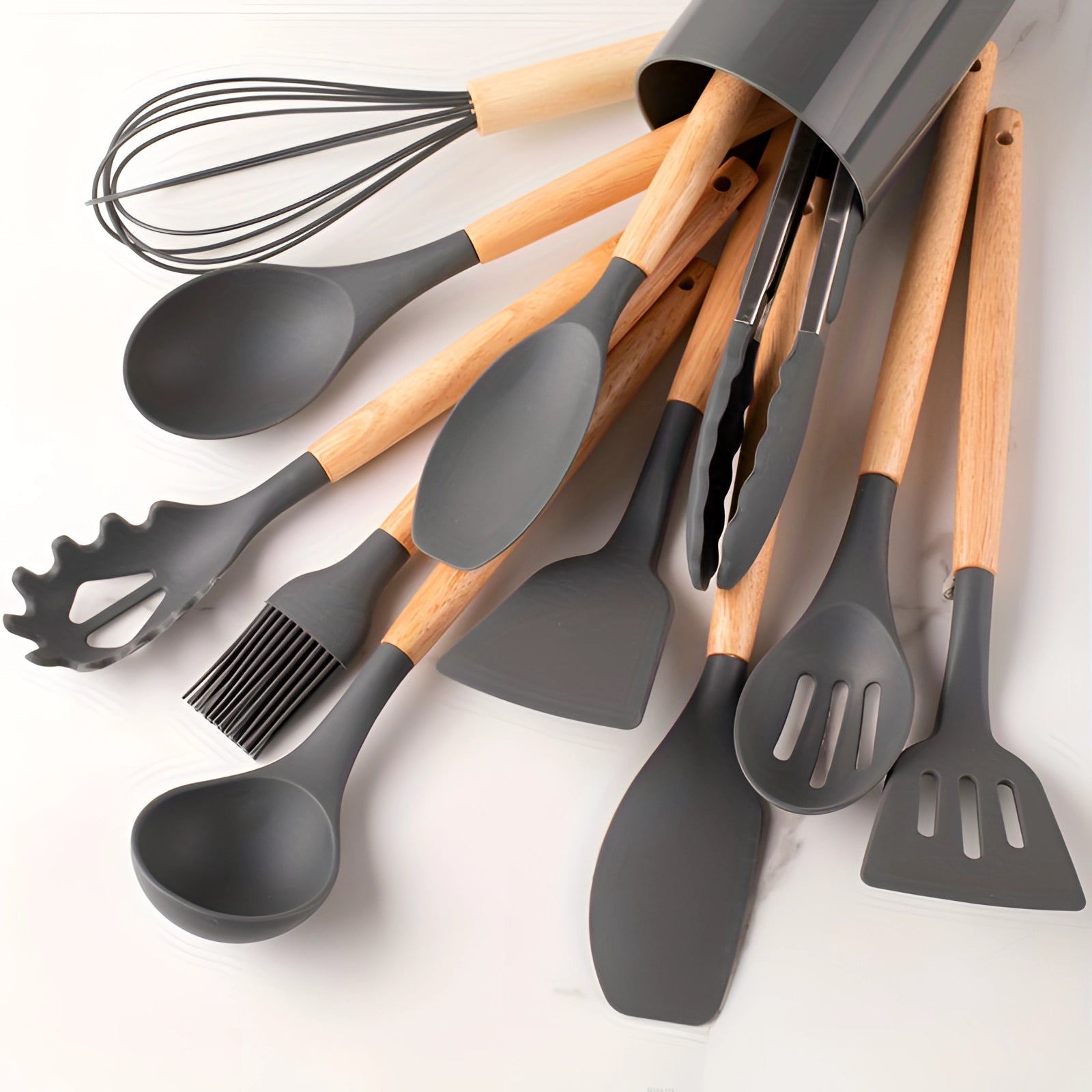 Eco-friendly Silicone Kitchen Utensil Set with Bamboo Handles