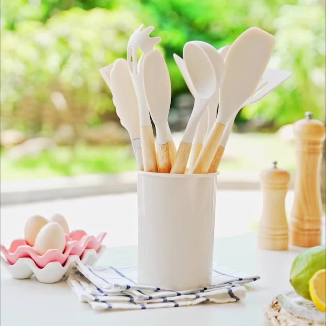 Eco-friendly Silicone Kitchen Utensil Set with Bamboo Handles