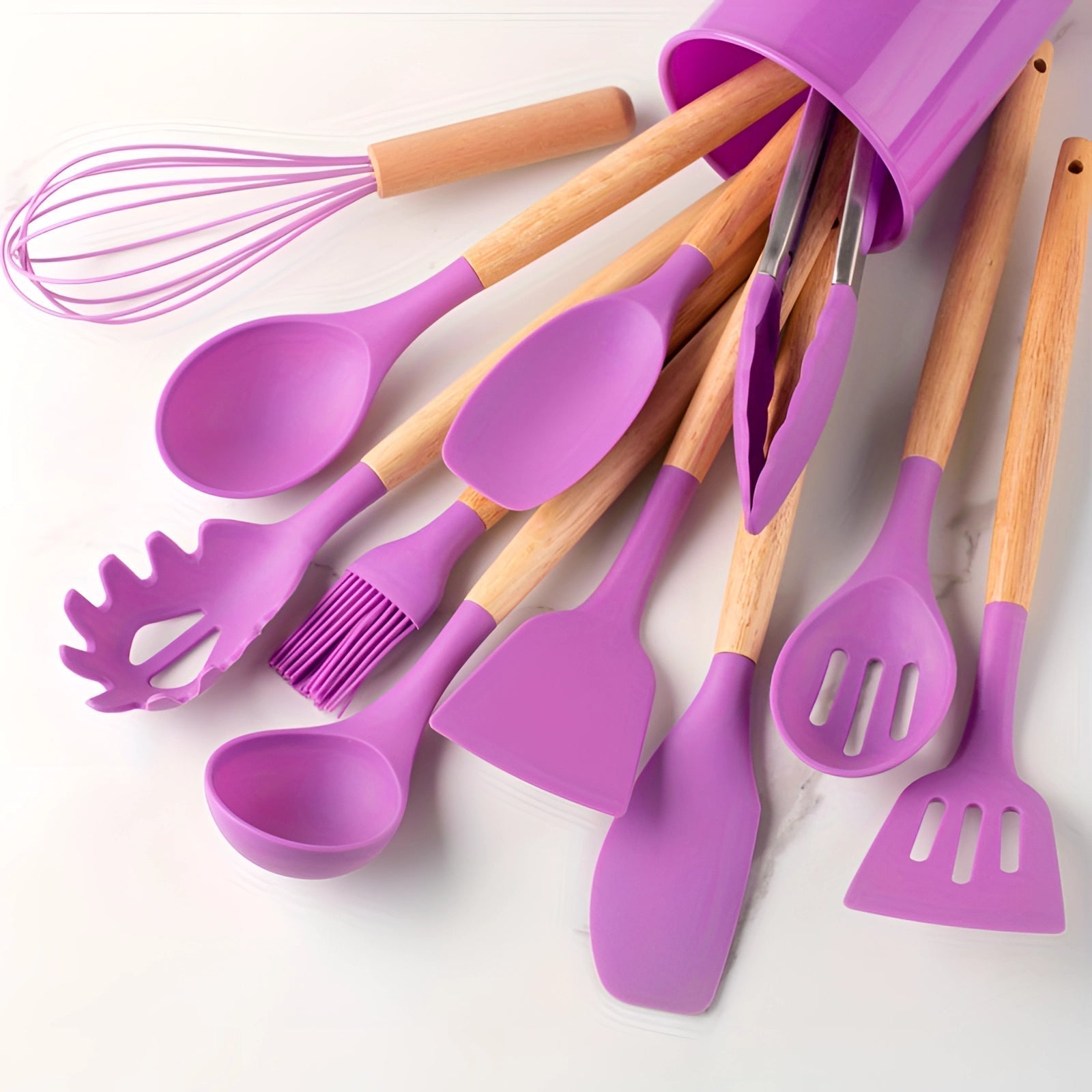 Eco-friendly Silicone Kitchen Utensil Set with Bamboo Handles