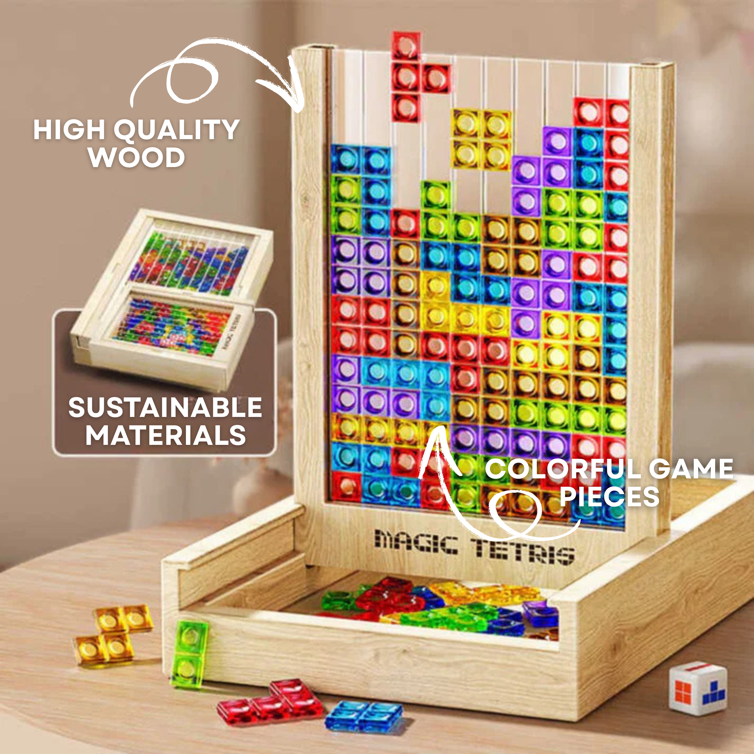 Ecoblock Tetris Board – Wooden Puzzle Game for Kids and Adults – Sustainable Brain Training Fun