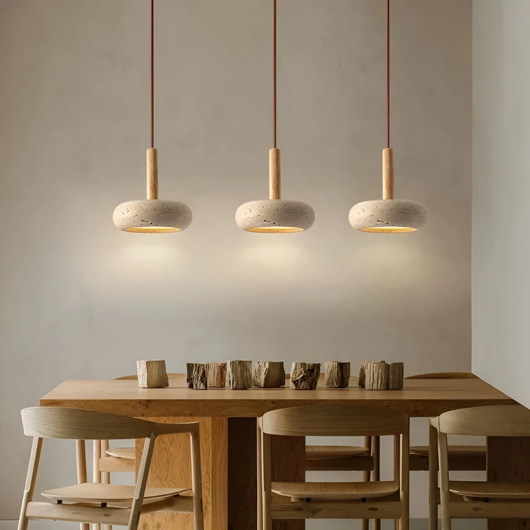 LED Retro Japanese Lamp | TranquilHalo | Adjustable Hanging Height | Yellow Grotto Stone & Wood | Ø 15cm Pendant | Max 2m Cord | Easy Installation | Soothing Design