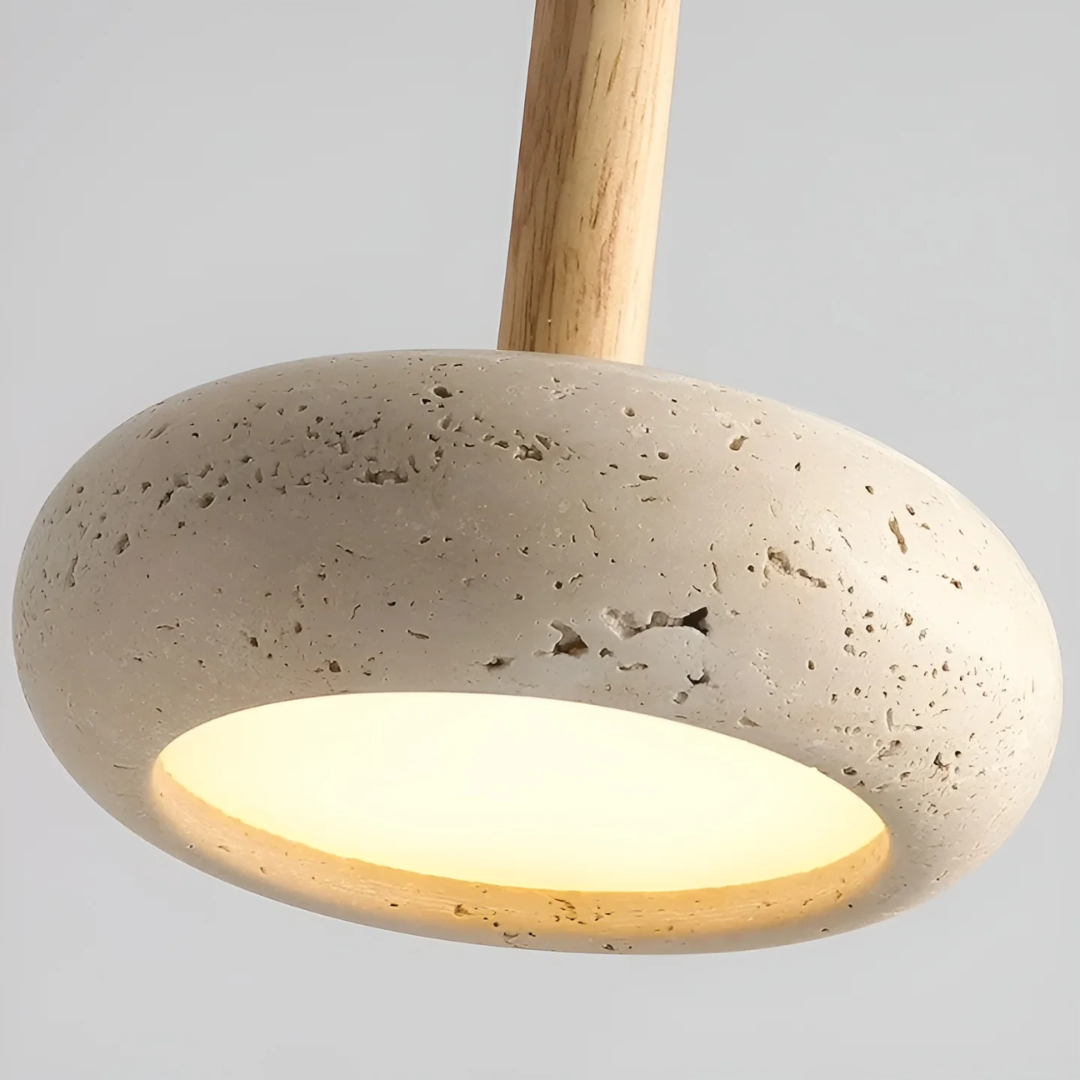 LED Retro Japanese Lamp | TranquilHalo | Adjustable Hanging Height | Yellow Grotto Stone & Wood | Ø 15cm Pendant | Max 2m Cord | Easy Installation | Soothing Design