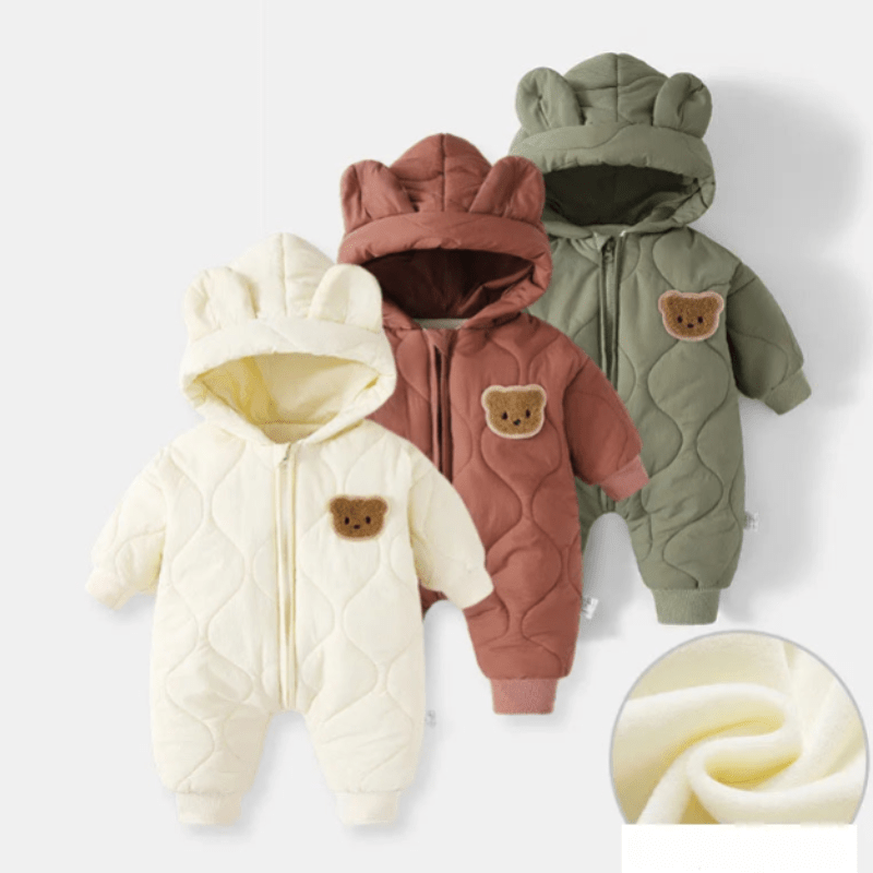 Hooded Winter Overall with Bear Motif for Babies – Warm & Fluffy
