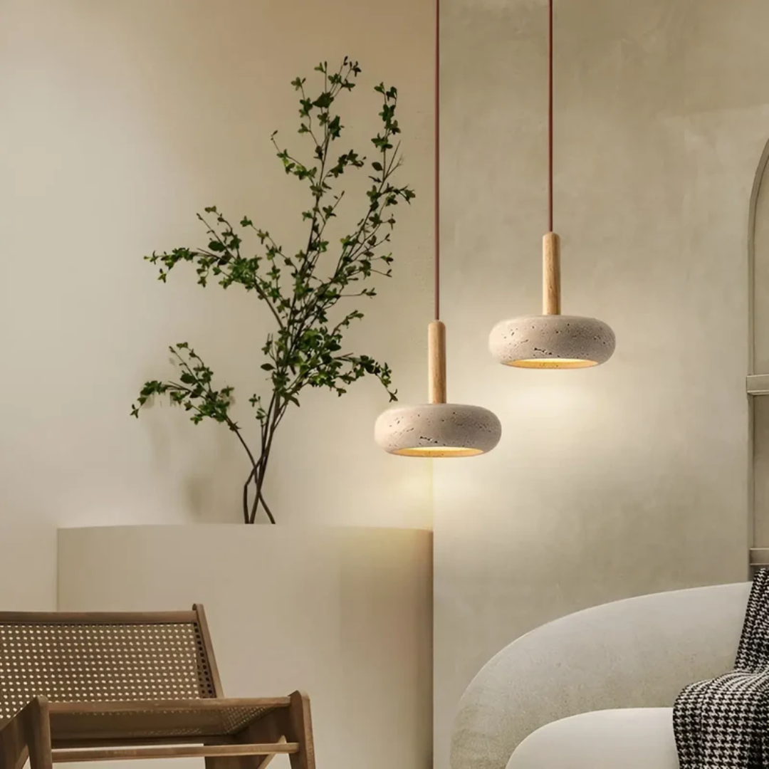LED Retro Japanese Lamp | TranquilHalo | Adjustable Hanging Height | Yellow Grotto Stone & Wood | Ø 15cm Pendant | Max 2m Cord | Easy Installation | Soothing Design