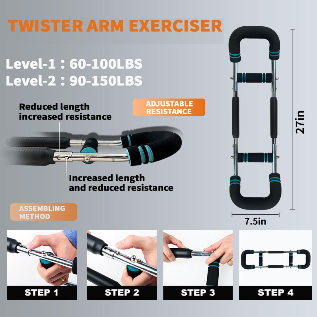 TwisterFlex Adjustable Power Twister – Strengthen Forearms, Triceps & Chest – Durable, Portable Strength Training Bar – Adjustable Resistance