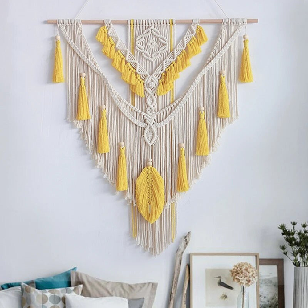 BohoWoven - Scandinavian Boho Macramé Wall Hanging | Scandinavian Boho Macramé Wall Hanging 75x95cm | Handmade | Wall Decoration for Living Room & Bedroom | Decorative Design | Elegant Wall Ornament | Colour Beige Yellow