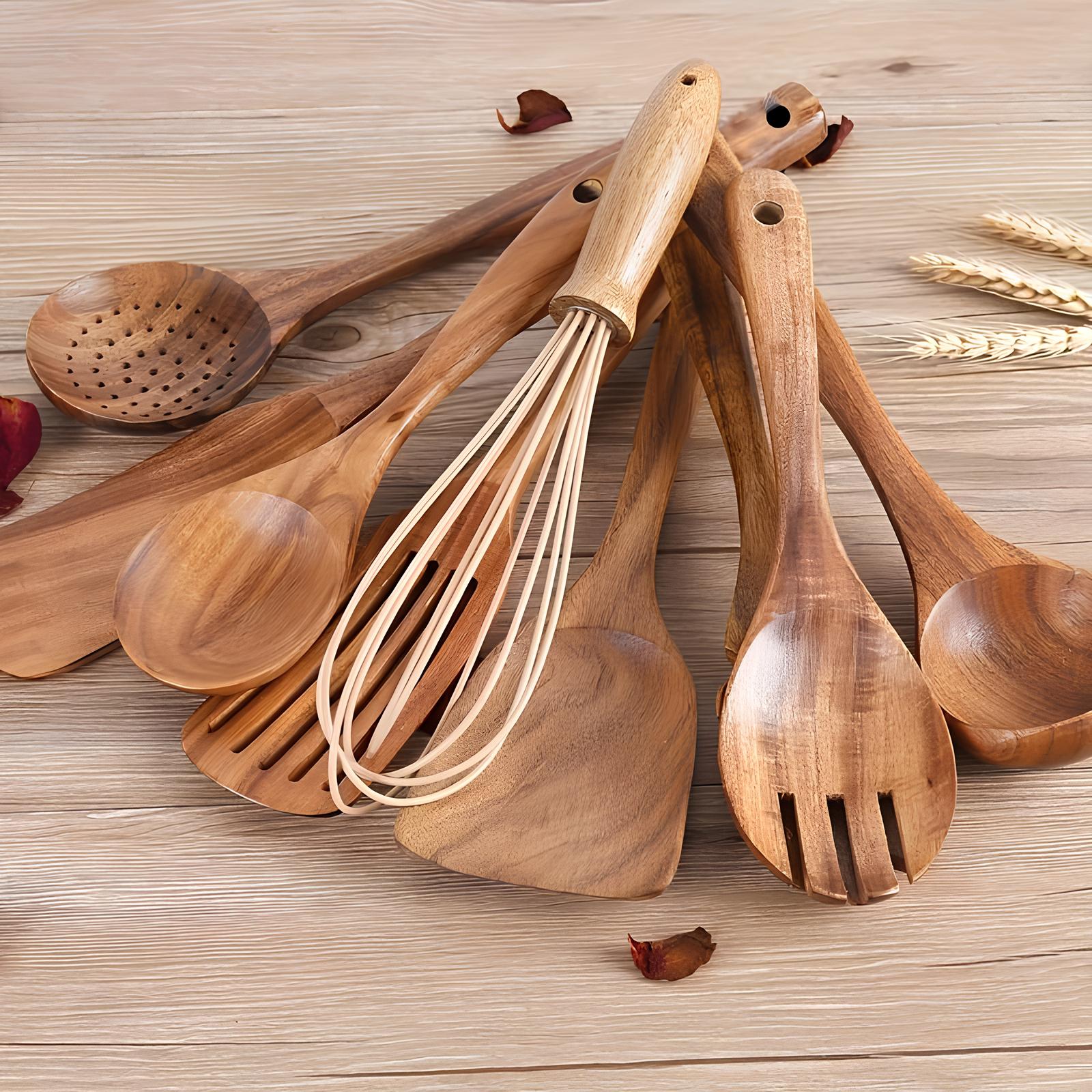 11-Piece Teak Kitchen Utensil Set – Includes Holder – Natural Look for the Kitchen