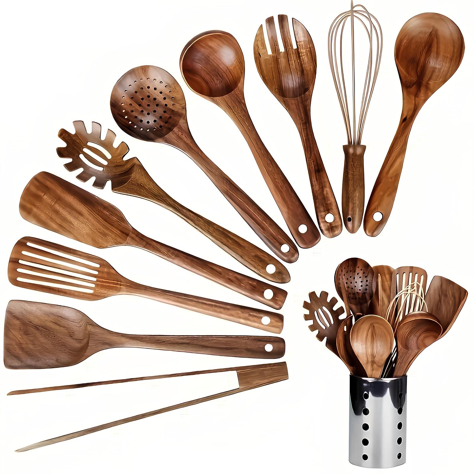 11-Piece Teak Kitchen Utensil Set – Includes Holder – Natural Look for the Kitchen