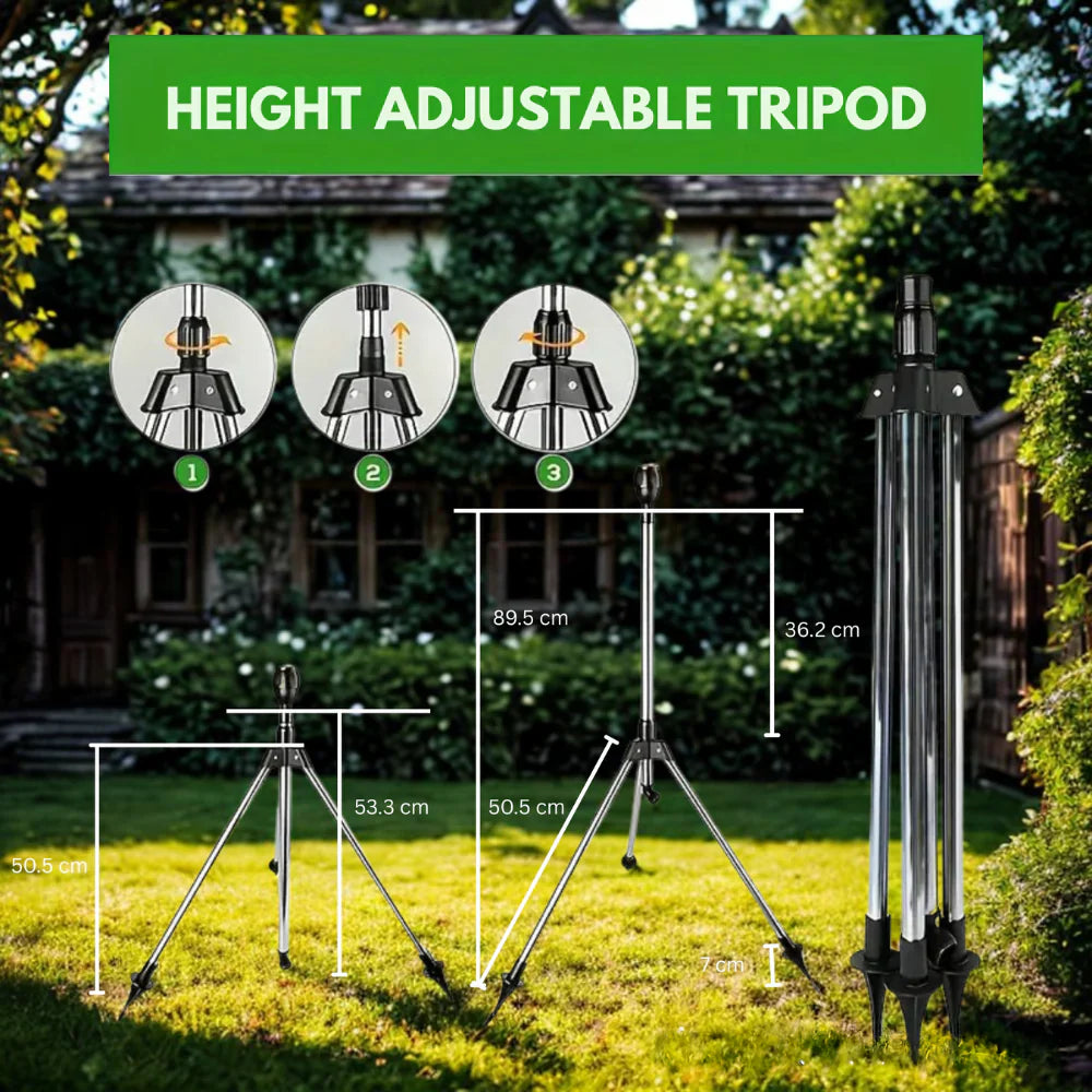 360° Rotating Garden Sprinkler with Adjustable Tripod – Stainless Steel Irrigation System for Large Gardens