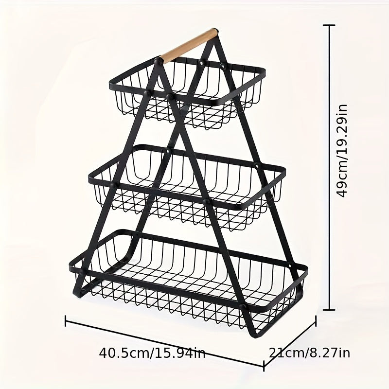 Two- and Three-Tier Storage Basket with Wooden Handle - Stylish Solution for Kitchen and Bathroom