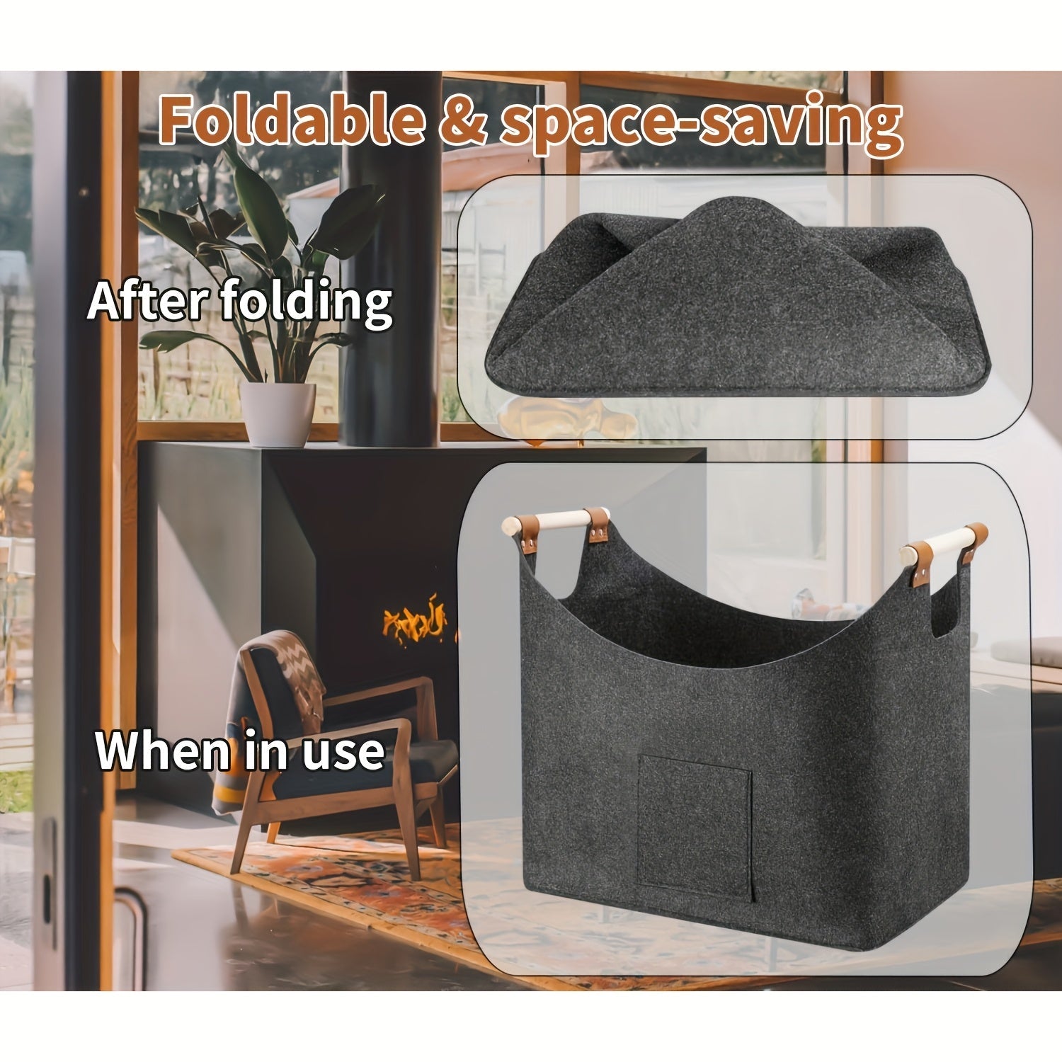 Foldable Felt Basket XL with Wooden Handles – Sustainable and Stylish Wood Carrier for Indoor Use