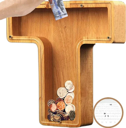 TreasureNest Coin Bank | Personalized wooden savings box in A-Z letter designs