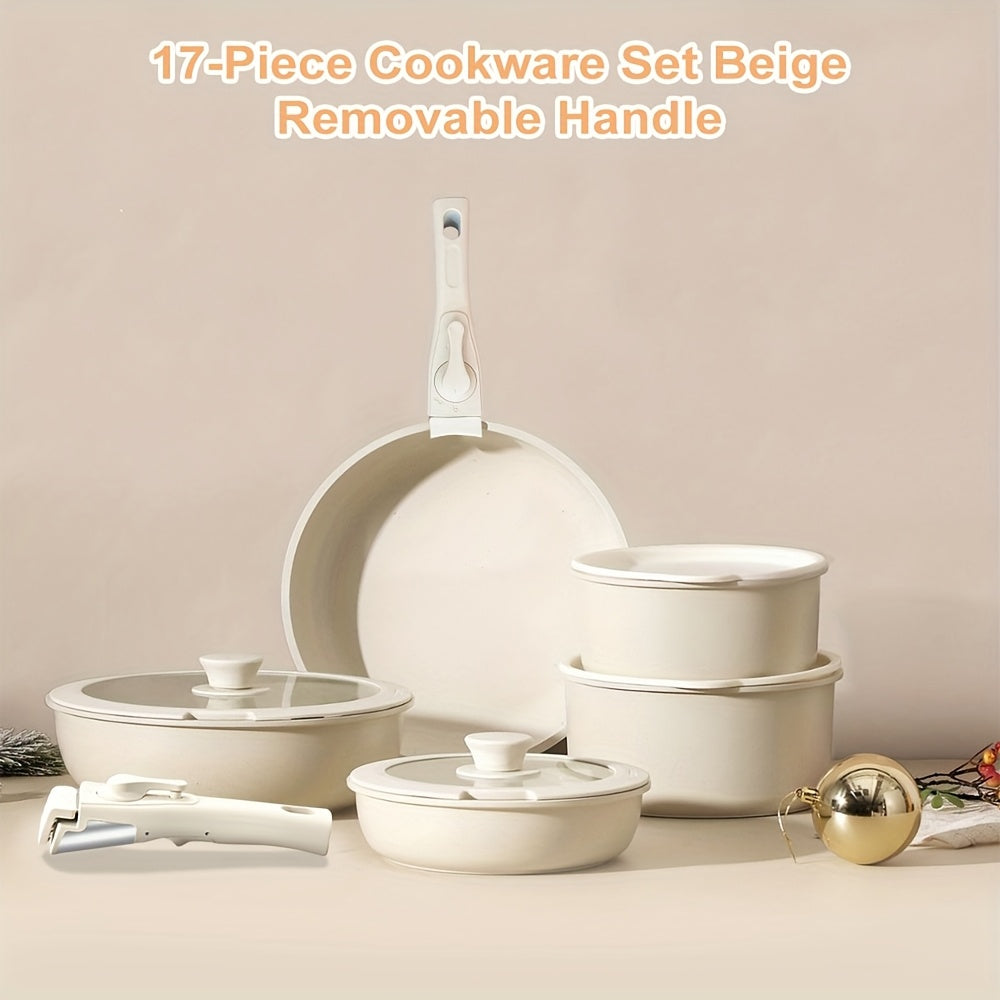 17-Piece Ceramic Cookware Set – Including Removable Handles and Deep Frying Pan