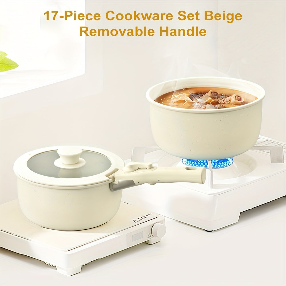 17-Piece Ceramic Cookware Set – Including Removable Handles and Deep Frying Pan