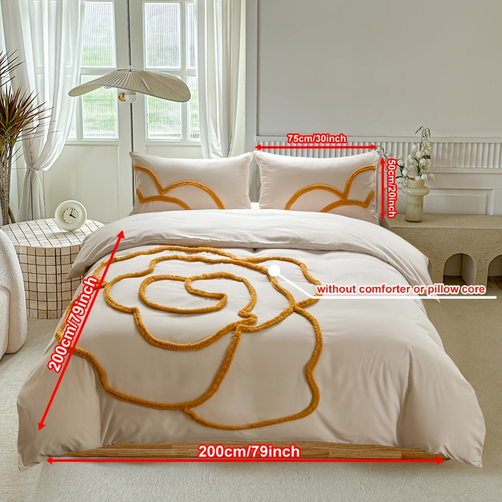 Tufted Bedding Set – Bedspread and Pillowcases with Large Flower Design