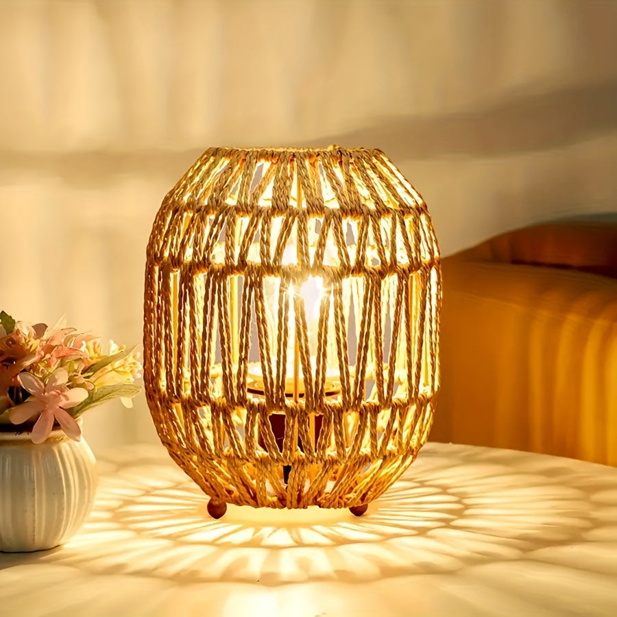 Bohemian Rattan Table Lamp – Handmade Light Accent for Bedroom or Living Space