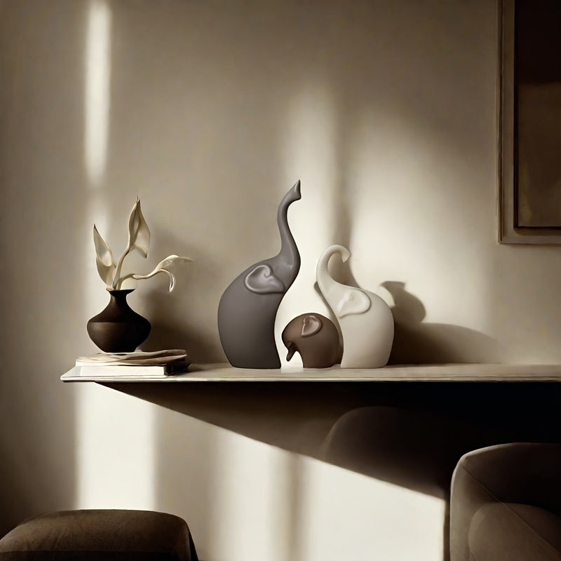 Set of 3 Ceramic Elephant Figurines – Modern Matte Decoration for Living Room or Office