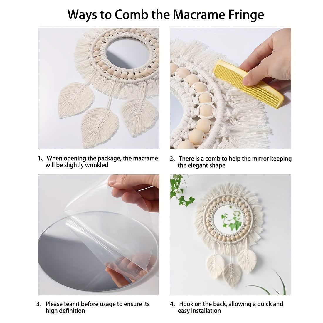 Boho Macramé Wall Mirror with Fringes – Decorative Mirror with Beads and Feathers