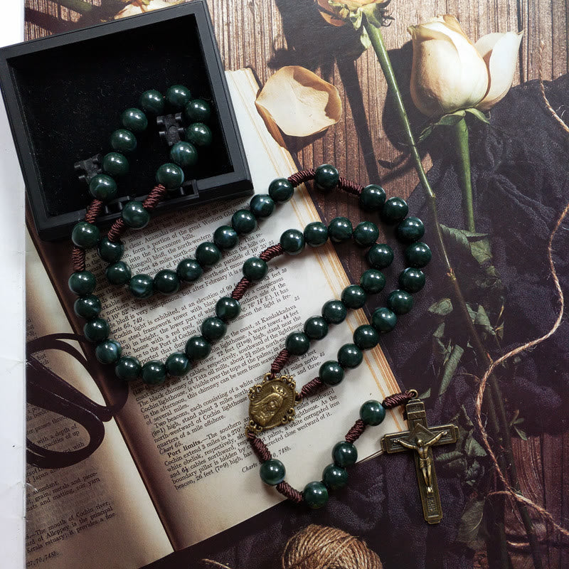Moss Agate Saint Medal Cross Pendant Rosary Necklace – Celeste