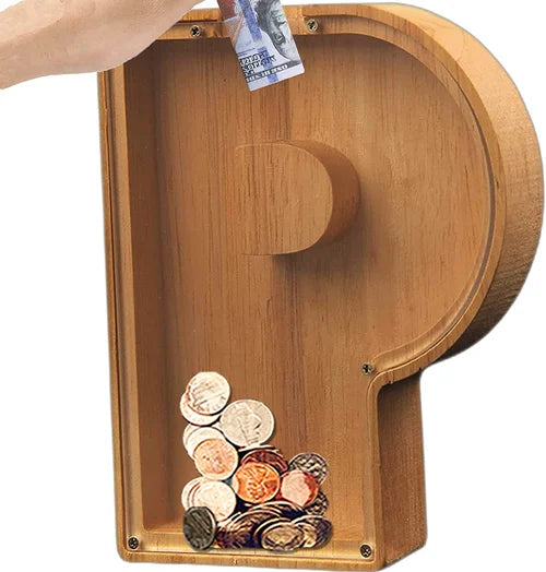 TreasureNest Coin Bank | Personalized wooden savings box in A-Z letter designs