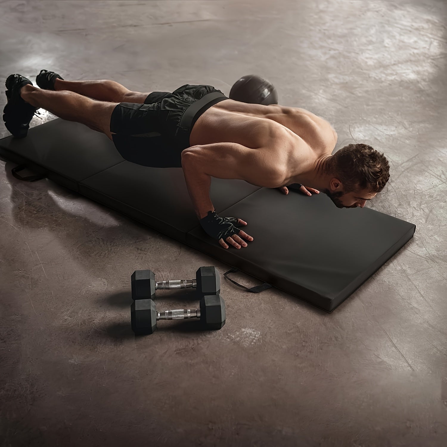 Portable tri-fold yoga mat with thick padding, non-slip PU surface, and handle