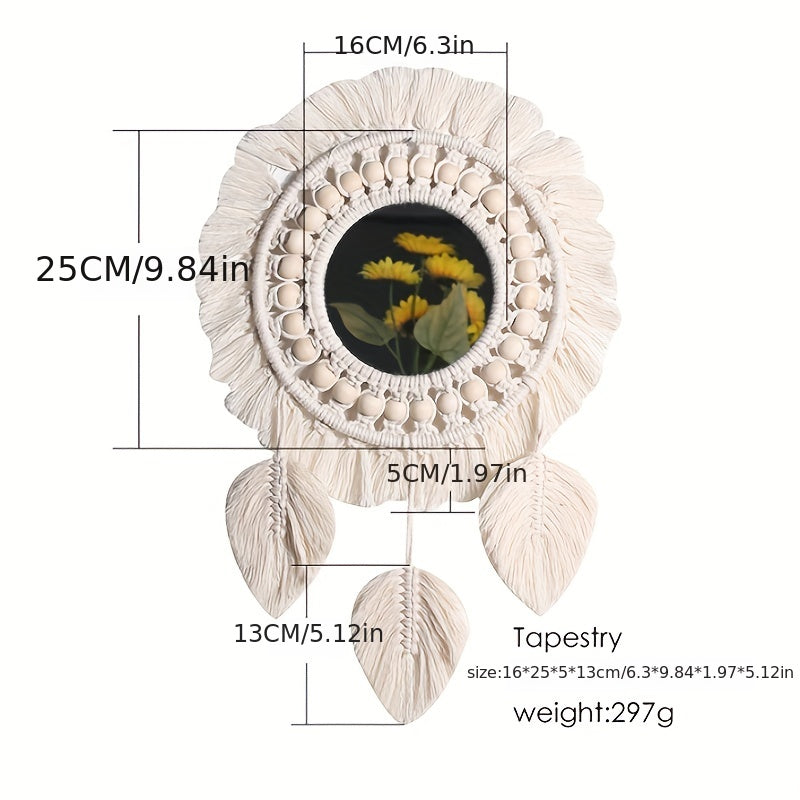 Boho Macramé Wall Mirror with Fringes – Decorative Mirror with Beads and Feathers