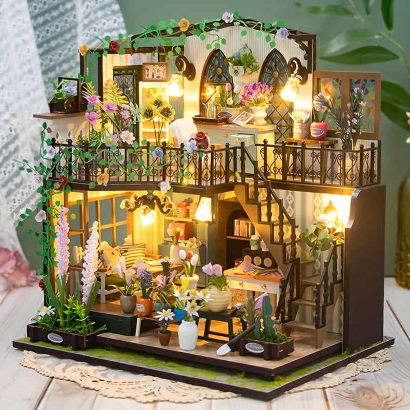 DIY Miniature Greenhouse House with Lighting – Handmade 3D Puzzle for Creative Decoration