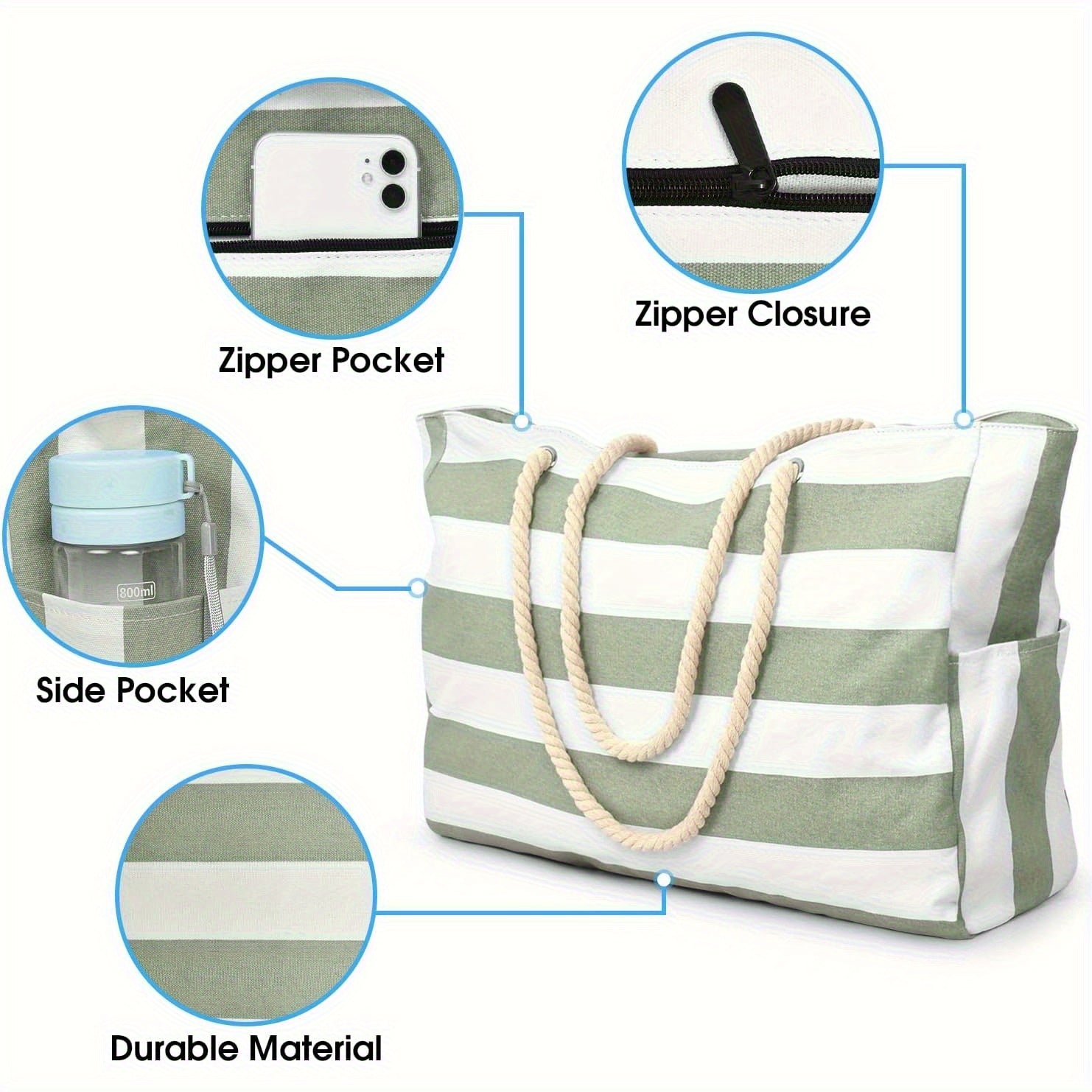 Striped Large Capacity Beach Bag – Durable Polyester with Zip