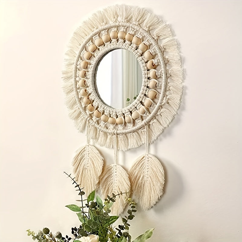 Boho Macramé Wall Mirror with Fringes – Decorative Mirror with Beads and Feathers