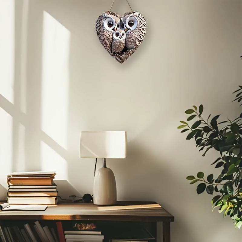 Rustic Wooden Owl Family Heart Sign - For a Warm Home