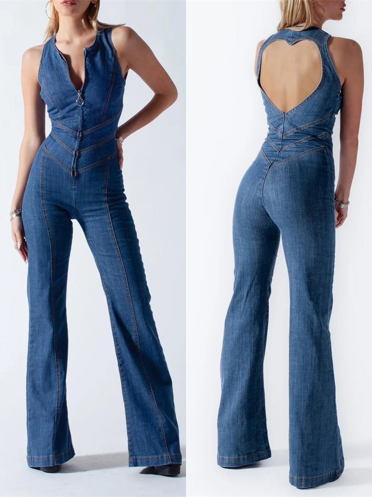 Amalia | Denim Jumpsuit with Open Back | Elegant Summer Style for Women | Blue | Flattering Fit | Heart-Shaped Cut-Out | Comfortable Denim Blend | Soft Fabrics | Stylish Jumpsuit | Fashionable Details