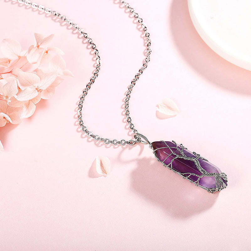 Stylish Crystal and Tree of Life Gemstone Necklace – Elara